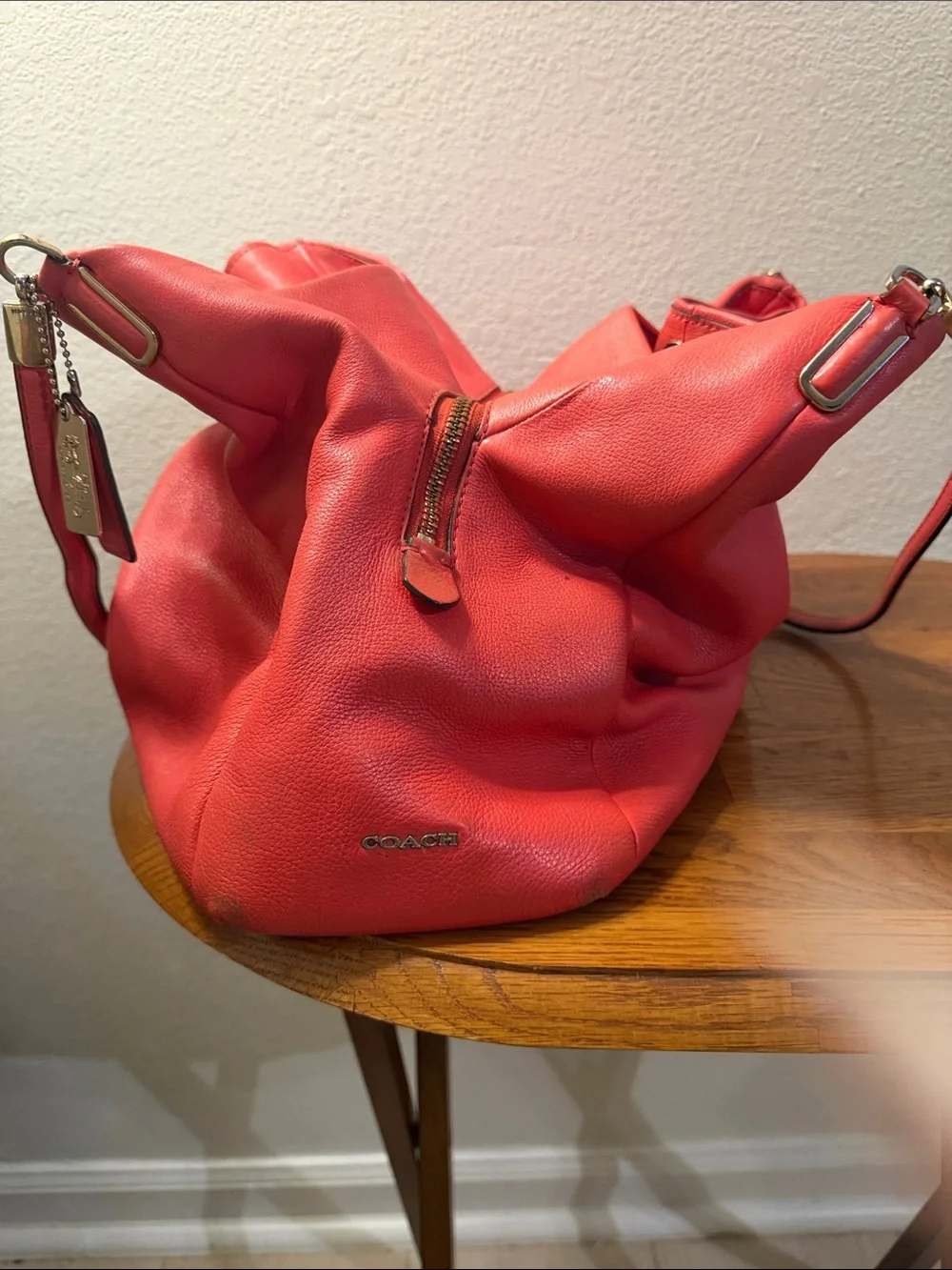 Coach Coral Red Pebbled Leather Hobo with Gold Hardware